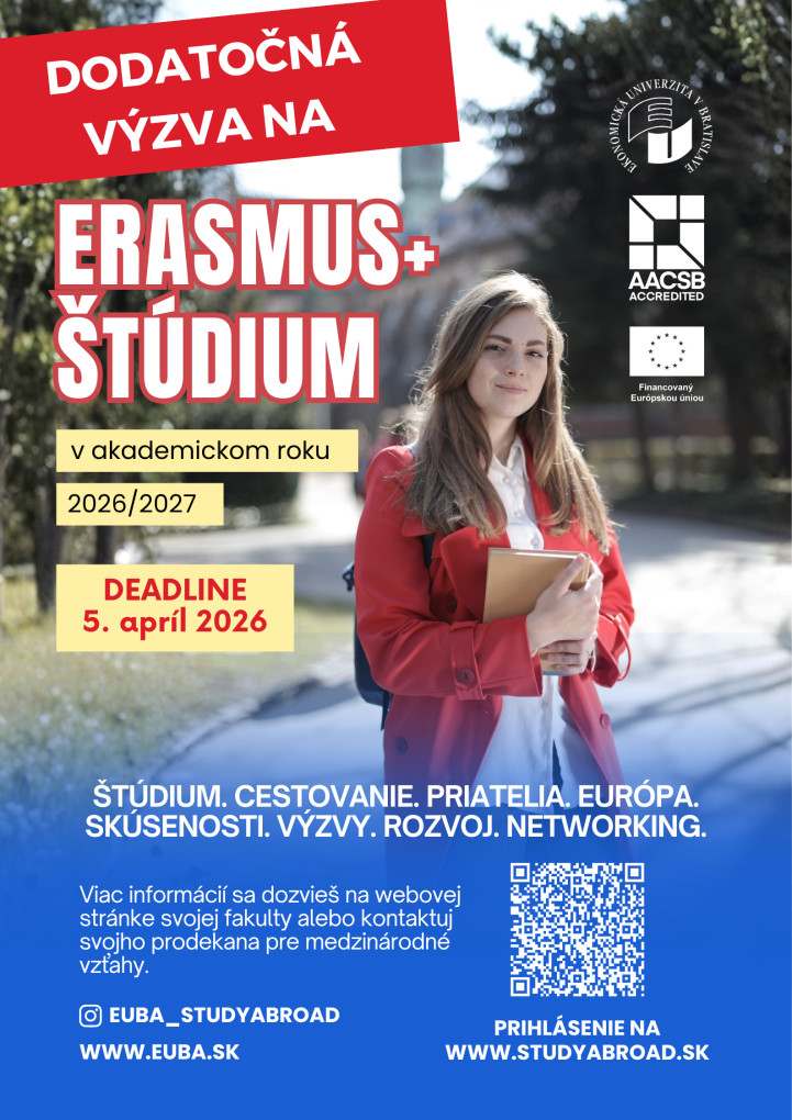 Dodatočná výzva na študijné pobyty v rámci Erasmus+ na akademický rok 2026/2027 Dodatočná výzva na študijné pobyty v rámci Erasmus+ na akademický rok 2026/2027